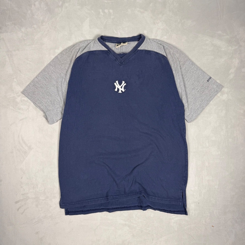 90s Mens Russell Athletic New York Yankees V-Neck Colorblock Shirt Medium